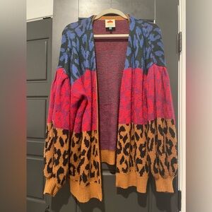 Farm Rio Balloon Sleeve Anim Print Color Block Cardigan Size S Worn Condition